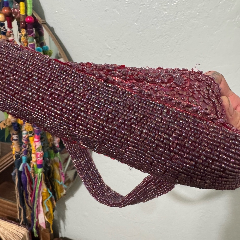 Vintage Y2K Burgandy Beaded & Sequined Hand Bag Made in India By Purva Zip Top - Picture 6 of 13
